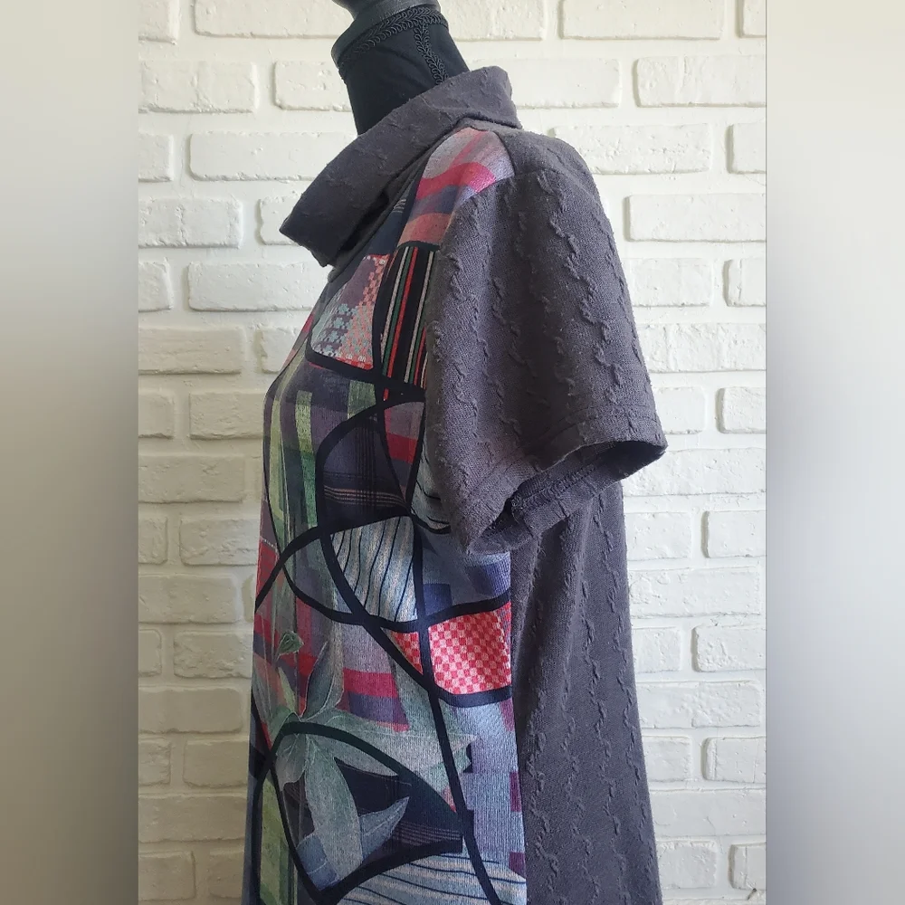 Smash! Abstract Patchwork Midi Cowl Neck Sweater Dress Short Sleeves Boho Hippie - Picture 10 of 16